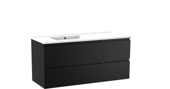 Linie Lado meuble salle de bains suspendu 120 x 46 cm noir mat avec Vano plan vasque asymétrique à gauche en marbre composite blanc mat