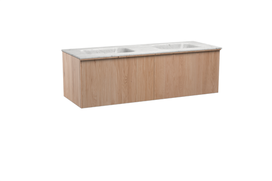 Balmani Forma meuble salle de bains suspendu 150 x 55 cm chêne naturel avec Tablo Arcato double vasque en marbre carrara, Nervure droite symétrique verticale