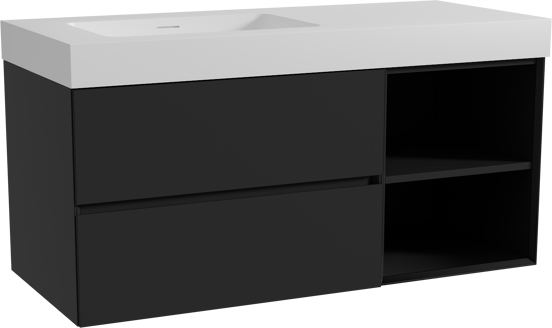 Storke Edge zwevend badmeubel 120 x 52 cm mat zwart met Mata High asymmetrisch linkse wastafel in solid surface mat wit
