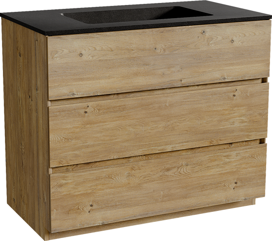 Storke Edge freistehendes Möbelstück Set: 95 x 52 cm, Rohe Eiche, mit Scuro Einzelwaschtisch, Quarz Schwarz matt