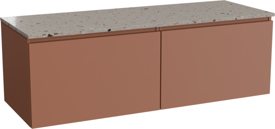 Balmani Sfera hängendes Möbelstück Set: 150 x 55 cm, Cotto, mit Stretto Einzel- oder Doppel Waschtischplatte, Terrazzo in Greige