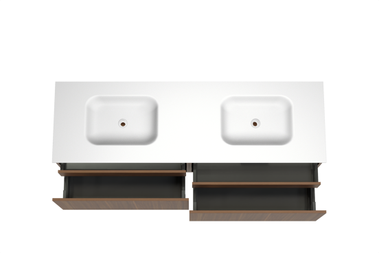 Balmani Sfera hängendes Möbelstück Set: 180 x 55 cm, Amerikanischer Nussbaum, mit Tablo Arcato Doppelwaschtisch, Solid Surface Weiß matt