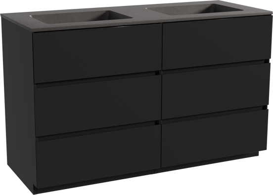 Storke Edge staand badmeubel 130 x 52 cm mat zwart met Scuro dubbele wastafel in kwarts mat zwart