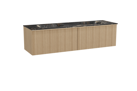Balmani Forma zwevend badkamermeubel 180 x 55 cm natuur eik met Tablo Arcato dubbele wastafel in marmer portoro gold, Verticale asymmetrische ronde ribbel