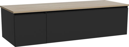 Storke Edge zwevend badkamermeubel 140 x 52 cm mat zwart met Panton enkel of dubbel tablet in melamine ruwe eik