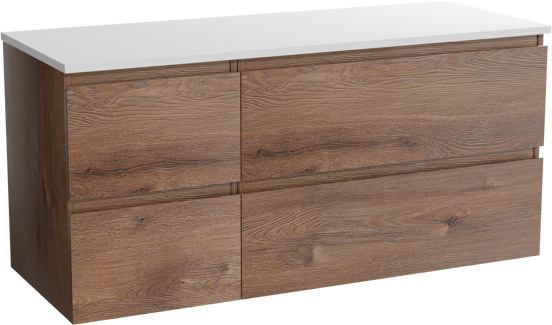 Linie Lado zwevend badkamermeubel 120 x 46 cm bruine eik met Lado dubbel tablet in composietmarmer mat wit