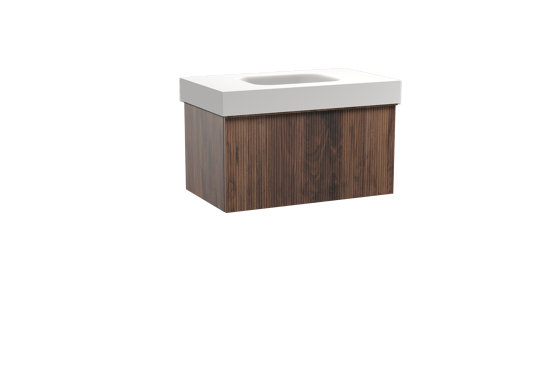 Balmani Forma zwevend badkamermeubel 90 x 55 cm amerikaanse notelaar met Arcato enkele wastafel in solid surface mat wit, Verticale symmetrische rechte ribbel