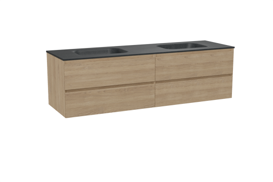 Balmani Mitra hängendes Möbelstück Set: 180 x 55 cm, Naturbelassene Eiche, mit Tablo Arcato Doppelwaschtisch, Schwarzes Granit
