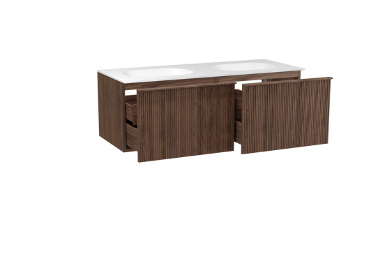 Balmani Forma hängendes Möbelstück Set: 135 x 55 cm, Amerikanischer Nussbaum, mit Tablo Oval Doppelwaschtisch, Solid Surface, Weiß matt, Vertikale symmetrische gerade Rippe
