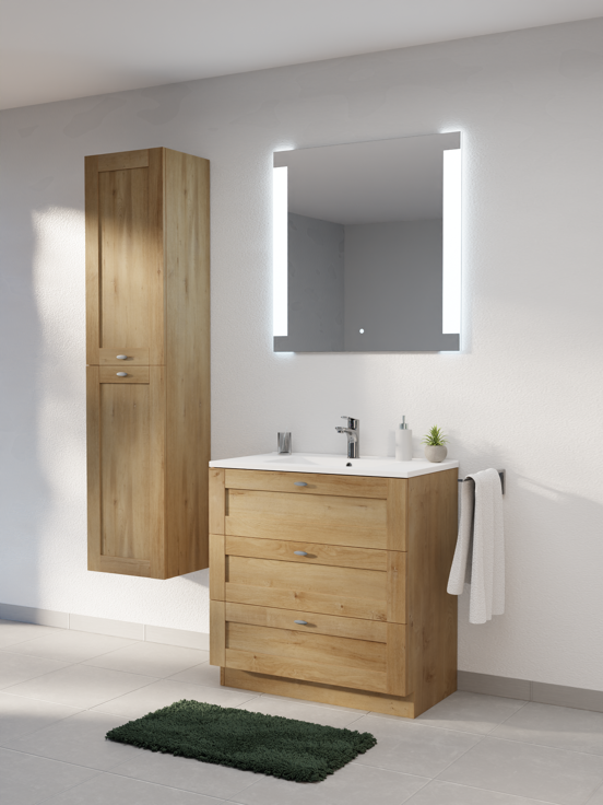 Linie Classo meuble salle de bains à poser 80 x 46 cm chêne naturel avec Vano plan simple en marbre composite blanc brillant