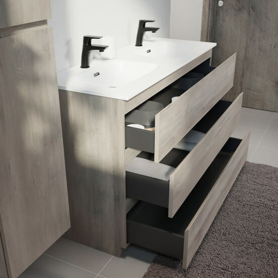 Linie Lado staand badmeubel 120 x 46 cm grijs eiken met Baro dubbele wastafel in porselein mat wit