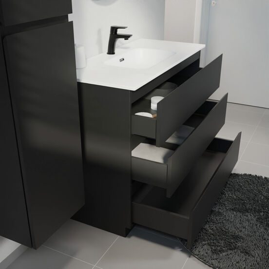 Linie Lado freistehendes Möbelstück Set: 100 x 46 cm, Schwarz matt, mit Baro Einzelwaschtisch, Porzellan Weiß matt