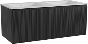 Storke Ribs meuble salle de bains suspendu 120 x 52 cm chêne noir avec Mata double vasque en solid surface blanc mat, Nervure droite asymétrique verticale