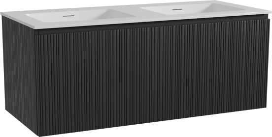Storke Ribs hängendes Möbelstück Set: 120 x 52 cm, Schwarze Eiche, mit Mata Doppelwaschtisch, Solid Surface, Weiß matt, Vertikale asymmetrische gerade Rippe