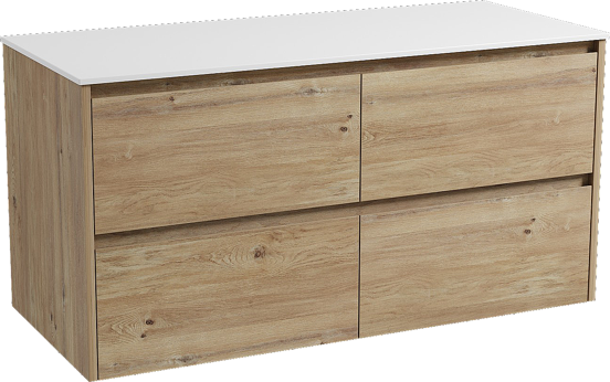 Storke Seda hängendes Möbelstück Set: 120 x 52 cm, Rohe Eiche, mit Tavola Einzel- oder Doppel Waschtischplatte, Solid Surface Weiß matt