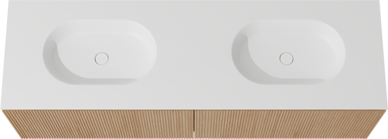 Balmani Eclips zwevend badkamermeubel 180 x 55 cm Natuur eik met Tablo Oval dubbele wastafel in Solid Surface mat wit, Verticale symmetrische rechte ribbel