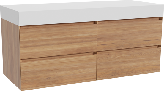 Balmani Mitra meuble salle de bains suspendu 135 x 55 cm teck avec Dominus tablette simple ou double en solid surface blanc mat