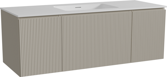 Storke Ribs zwevend badkamermeubel 135 x 52 cm zijdegrijs met Mata enkele wastafel in solid surface mat wit, Verticale symmetrische rechte ribbel