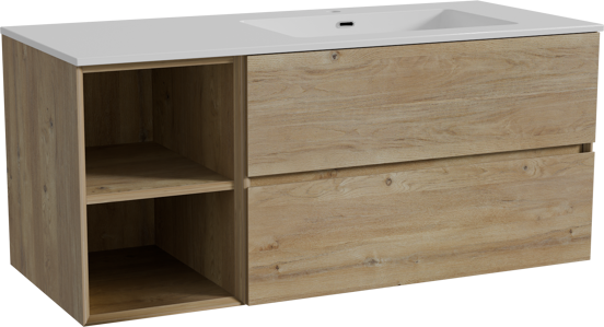 Storke Edge meuble salle de bains suspendu 120 x 52 cm chêne brut avec Diva plan vasque asymétrique à droite en marbre composite blanc brillant