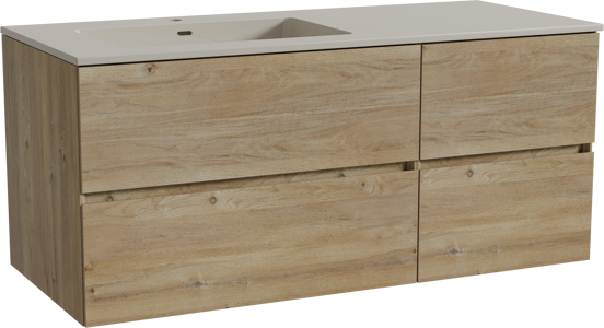 Storke Edge zwevend badmeubel 120 x 52 cm ruw eiken met Diva asymmetrisch linkse wastafel in top solid zijdegrijs