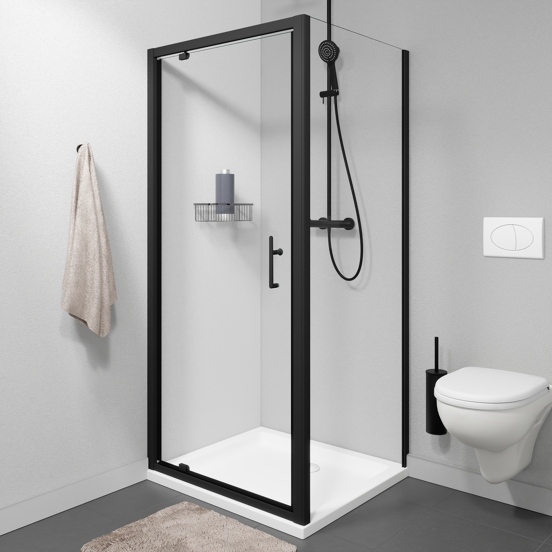Linie Cadiz Eckdusche Drehtür mit fixierter Seitenwand, 90 x 70 cm, Klarglas, Profil Schwarz
