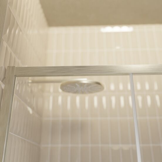 Balmani Senses Design Dusche Schiebetür, Rechts, 160 cm x 210 cm, Klarglas mit mattiertem Streifen, Profil Brushed CoolMetal