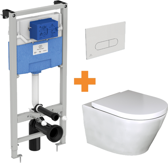Luca Varess Calibro hangtoilet en medio wc-bril glanzend wit randloos met inbouwreservoir en gratis Ideal Standard Oleas M1 glanzend wit bedieningspaneel