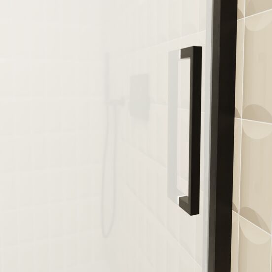 Balmani Senses Design Dusche Schiebetür, Links, 120 cm x 210 cm, Klarglas mit mattiertem Streifen, Profil Schwarz