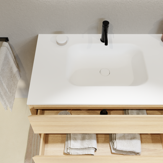 Balmani Mitra meuble salle de bains suspendu 75 x 55 cm chêne naturel avec Tablo Arcato plan simple en solid surface blanc mat