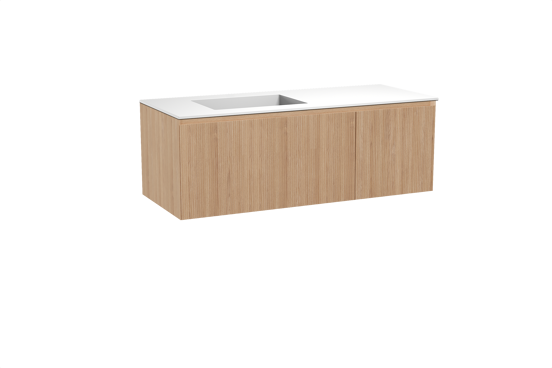 Balmani Fila meuble salle de bains suspendu 135 x 55 cm chêne naturel avec Tablo Stretto vasque asymétrique gauche en solid surface blanc mat, Nervure droite symétrique verticale