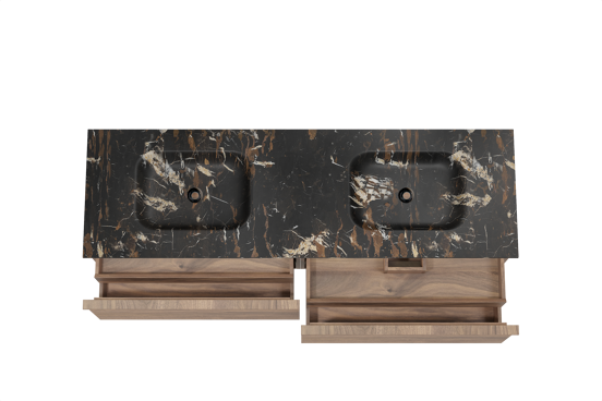 Balmani Forma meuble salle de bains suspendu 180 x 55 cm noyer américain avec Tablo Arcato double vasque en marbre portoro gold, Nervure droite symétrique horizontale