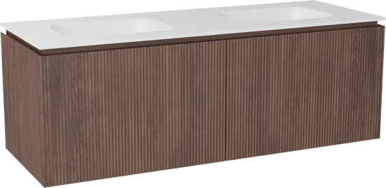Balmani Eclips zwevend badkamermeubel 150 x 55 cm Amerikaanse notelaar met Tablo Arcato dubbele wastafel in Solid Surface mat wit, Verticale symmetrische rechte ribbel