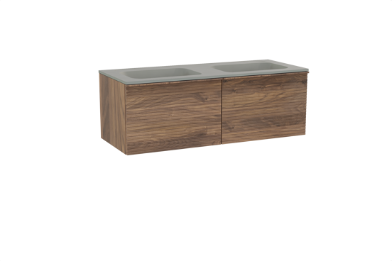 Balmani Forma zwevend badkamermeubel 135 x 55 cm amerikaanse notelaar met Tablo Strada dubbele wastafel in composietmarmer zijdegrijs, Horizontale symmetrische rechte ribbel