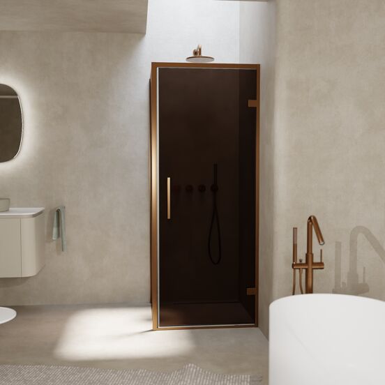 Balmani Senses Design douchecabine met rechtse draaideur en vaste zijwand, 90 x 90 cm, Brons, Brushed Rosegold profielen