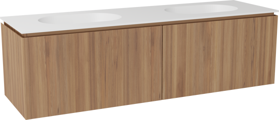 Balmani Eclips zwevend badkamermeubel 180 x 55 cm Teak met Tablo Oval dubbele wastafel in Solid Surface mat wit