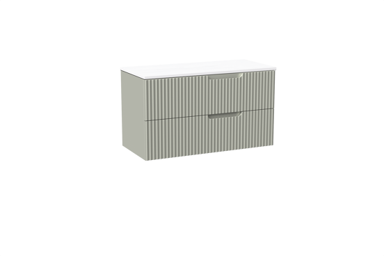 Linie Ribbo meuble salle de bains suspendu 100 x 46 cm greige avec Lado tablette simple ou double en marbre composite blanc mat, Nervure circulaire symétrique verticale