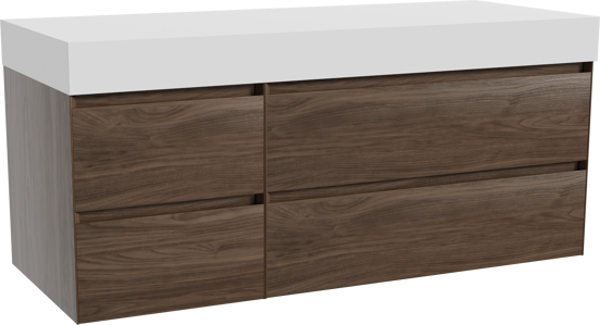 Balmani Mitra meuble salle de bains suspendu 135 x 55 cm noyer américain avec Dominus tablette simple ou double en solid surface blanc mat