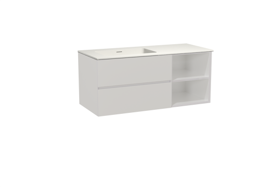 Storke Edge meuble salle de bains suspendu 120 x 52 cm blanc brillant avec Mata plan vasque asymétrique à gauche en solid surface blanc mat