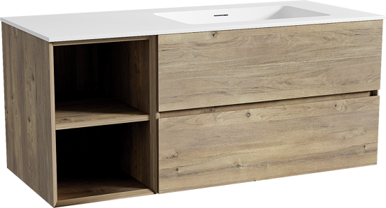 Storke Edge meuble salle de bains suspendu 120 x 52 cm chêne brut avec Mata plan vasque asymétrique à droite en solid surface blanc mat