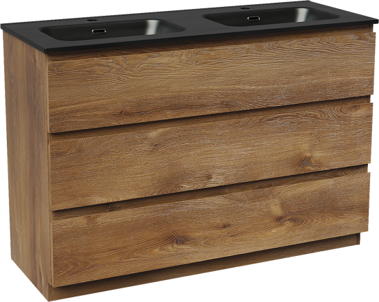 Linie Lado staand badmeubel 120 x 46 cm bruin eiken met Baro dubbele wastafel in porselein mat zwart