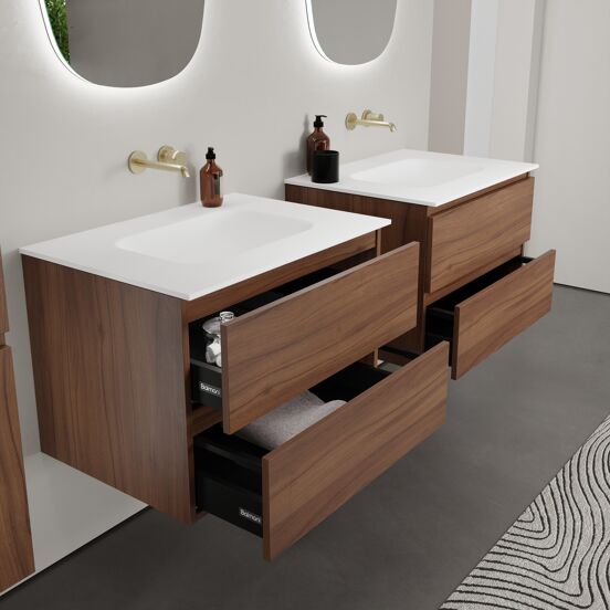 Balmani Lucida zwevend badkamermeubel 75 x 55 cm amerikaanse notelaar met Tablo Arcato enkele wastafel in solid surface mat wit
