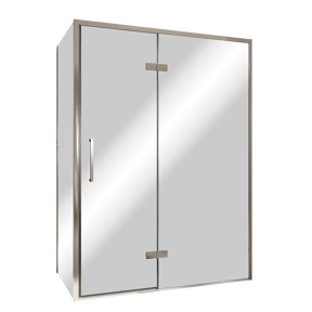 Balmani Senses Design douche en coin avec porte pivotante à droite et paroi latérale fixe, 140 x 100 cm, Miroir Reflex, Profil chrome