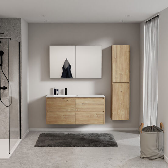 Storke Seda zwevend badkamermeubel 130 x 52 cm ruwe eik met Mata asymmetrisch linkse wastafel in solid surface mat wit