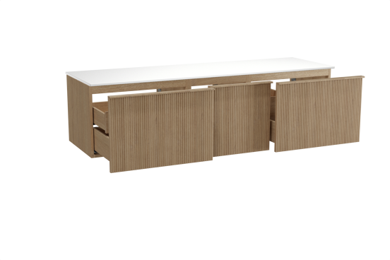 Balmani Forma zwevend badkamermeubel 180 x 55 cm natuur eik met Stretto enkel of dubbel tablet in solid surface mat wit, Verticale symmetrische rechte ribbel