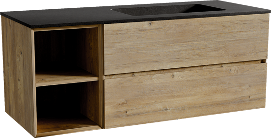 Storke Edge zwevend badmeubel 130 x 52 cm ruw eiken met Scuro asymmetrisch rechtse wastafel in kwarts mat zwart