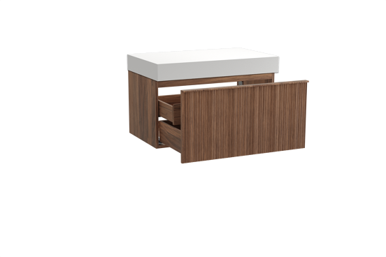 Balmani Forma hängendes Möbelstück Set: 90 x 55 cm, Amerikanischer Nussbaum, mit Dominus Einzel Waschtischplatte, Solid Surface, Weiß matt, Vertikale asymmetrische Runde Rippe