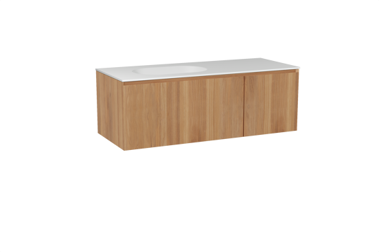 Balmani Idra meuble salle de bains suspendu 135 x 55 cm teck avec Tablo Oval vasque asymétrique gauche en solid surface blanc mat