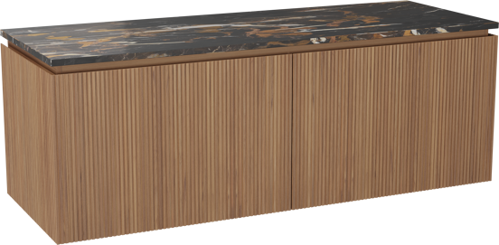 Balmani Eclips hängendes Möbelstück Set: 150 x 55 cm, Teak, mit Stretto Einzel- oder Doppel Waschtischplatte Portoro Gold Marmor, Vertikale symmetrische gerade Rippe