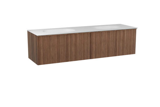 Balmani Forma zwevend badkamermeubel 180 x 55 cm amerikaanse notelaar met Tablo Oval dubbele wastafel in solid surface mat wit, Verticale asymmetrische ronde ribbel