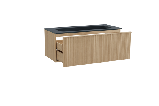 Balmani Forma zwevend badkamermeubel 120 x 55 cm natuur eik met Tablo Strada enkele wastafel voor 2 kraangaten in composietmarmer mat zwart, Verticale asymmetrische ronde ribbel